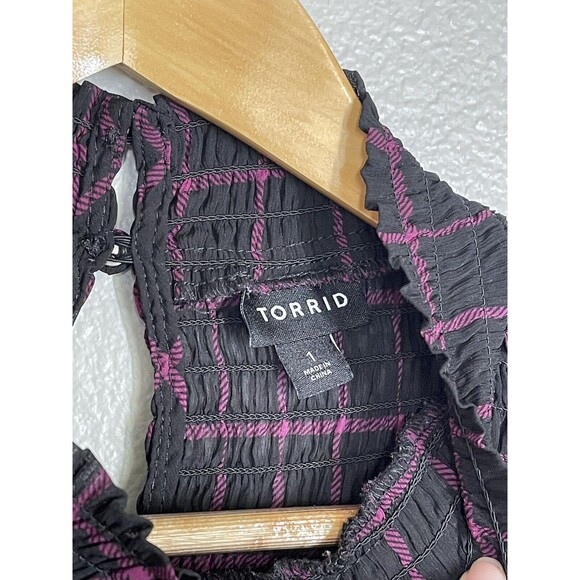 Torrid Crinkle Chiffon Smocked High Neck Blouse Black Purple Size 1 (XL 14/16) - Picture 10 of 16